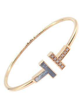 Authentic! Tiffany & Co 18k Yellow Gold Diamond T Wire Mother of Pearl Bracelet